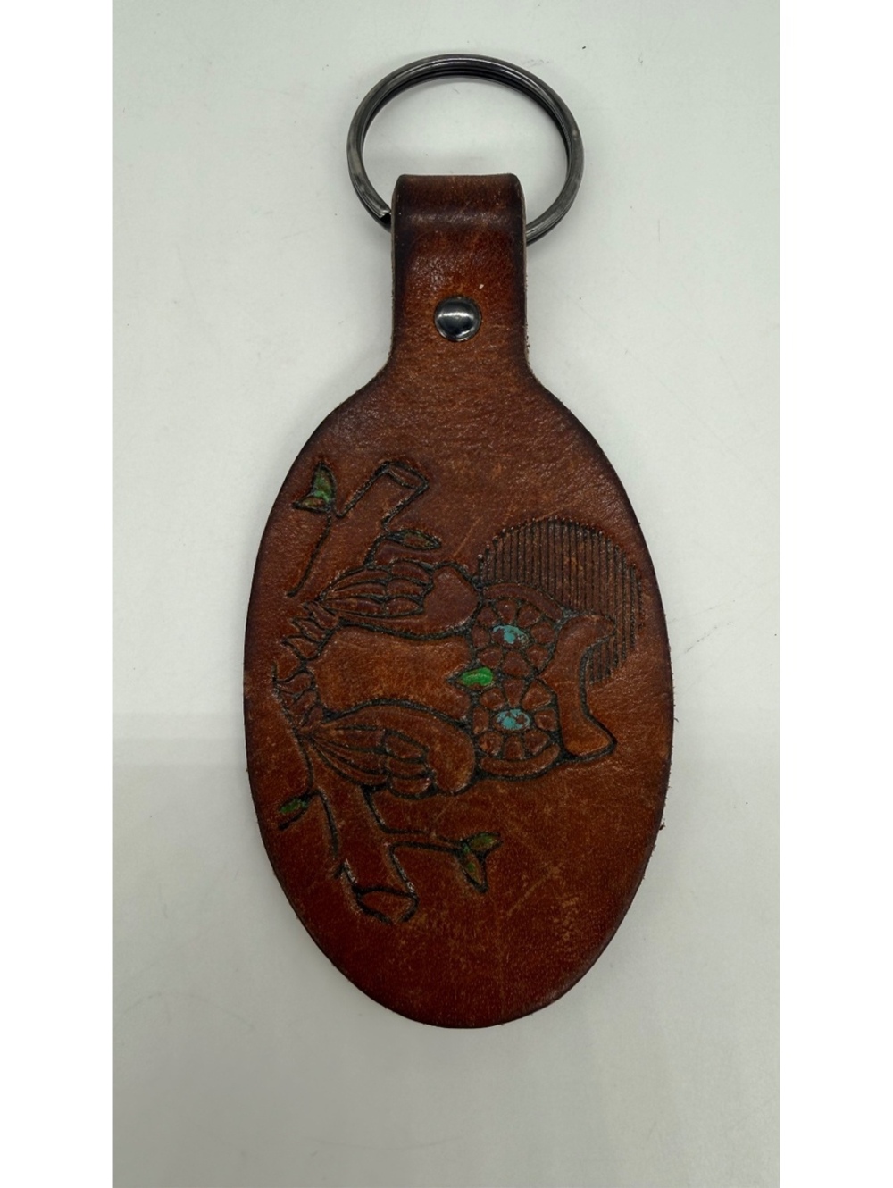Vintage Brown Tooled Leather Owl Keychain Hand Tooled Boho Hippie Key Ring